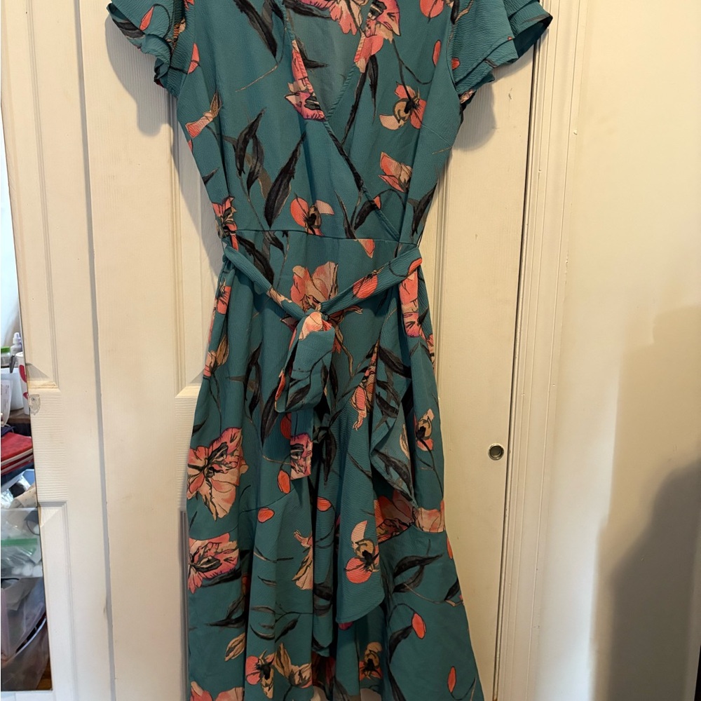 A New Day Teal and Pink Floral Midi Dress